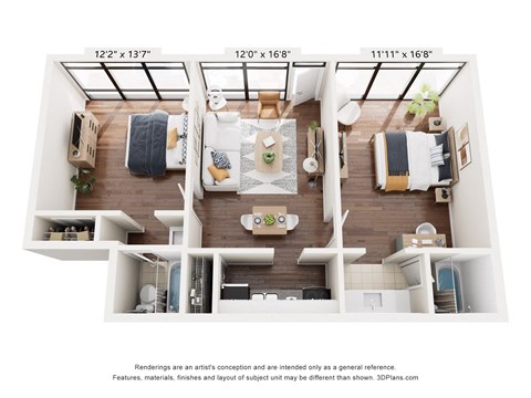 a 2 bedroom floor plan with a bathroom and a living room